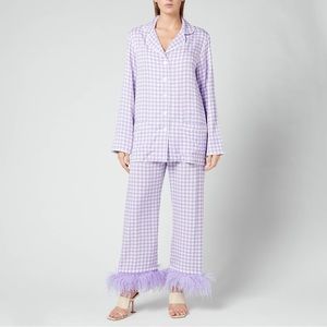 NWT Sleeper Party Gingham Feather Cuff Pajamas Lavender White Size Large
